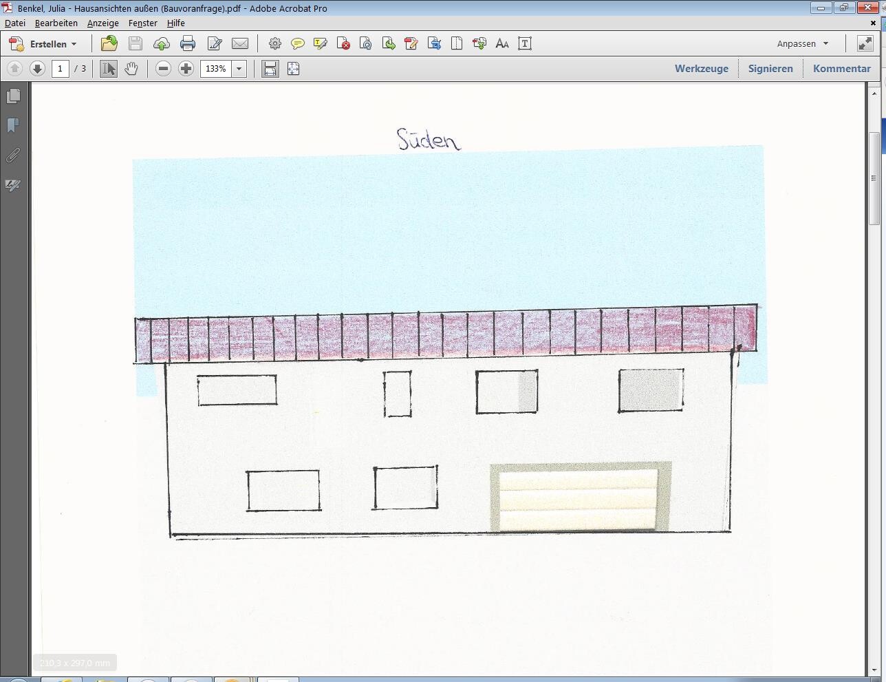 Hand-drawn house facade with red roof, windows and garage against blue sky.
