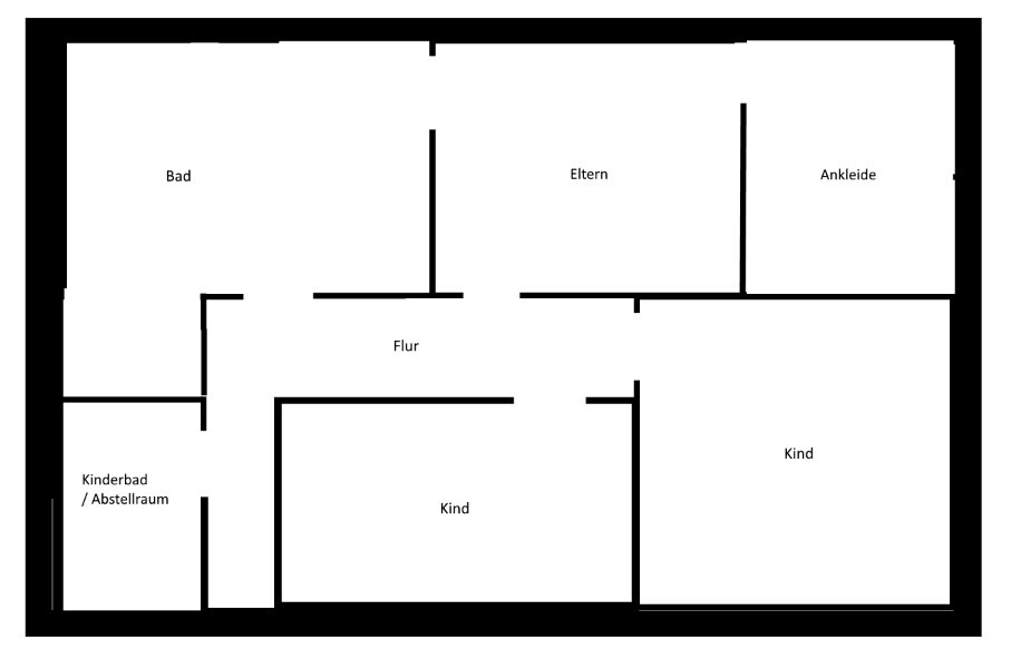 Floor plan of a house with bathroom, master bedroom, walk-in closet, hallway, children's bathroom/storage room, and two children's bedrooms.