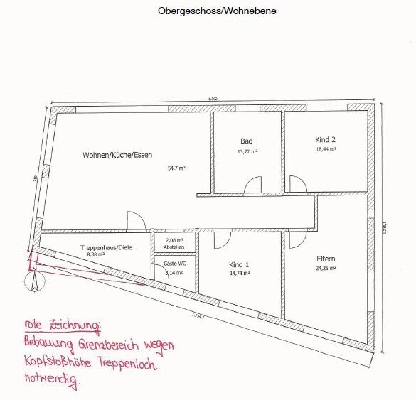 Upper floor plan: living room/kitchen/dining, bathroom, parent’s and children’s rooms, stairwell