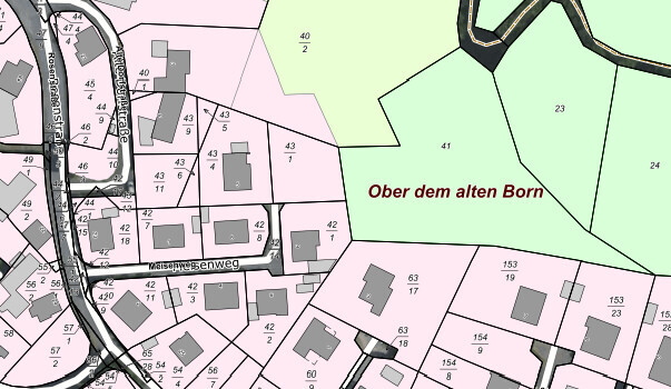 Cadastral map showing parcels, street names, and property boundaries