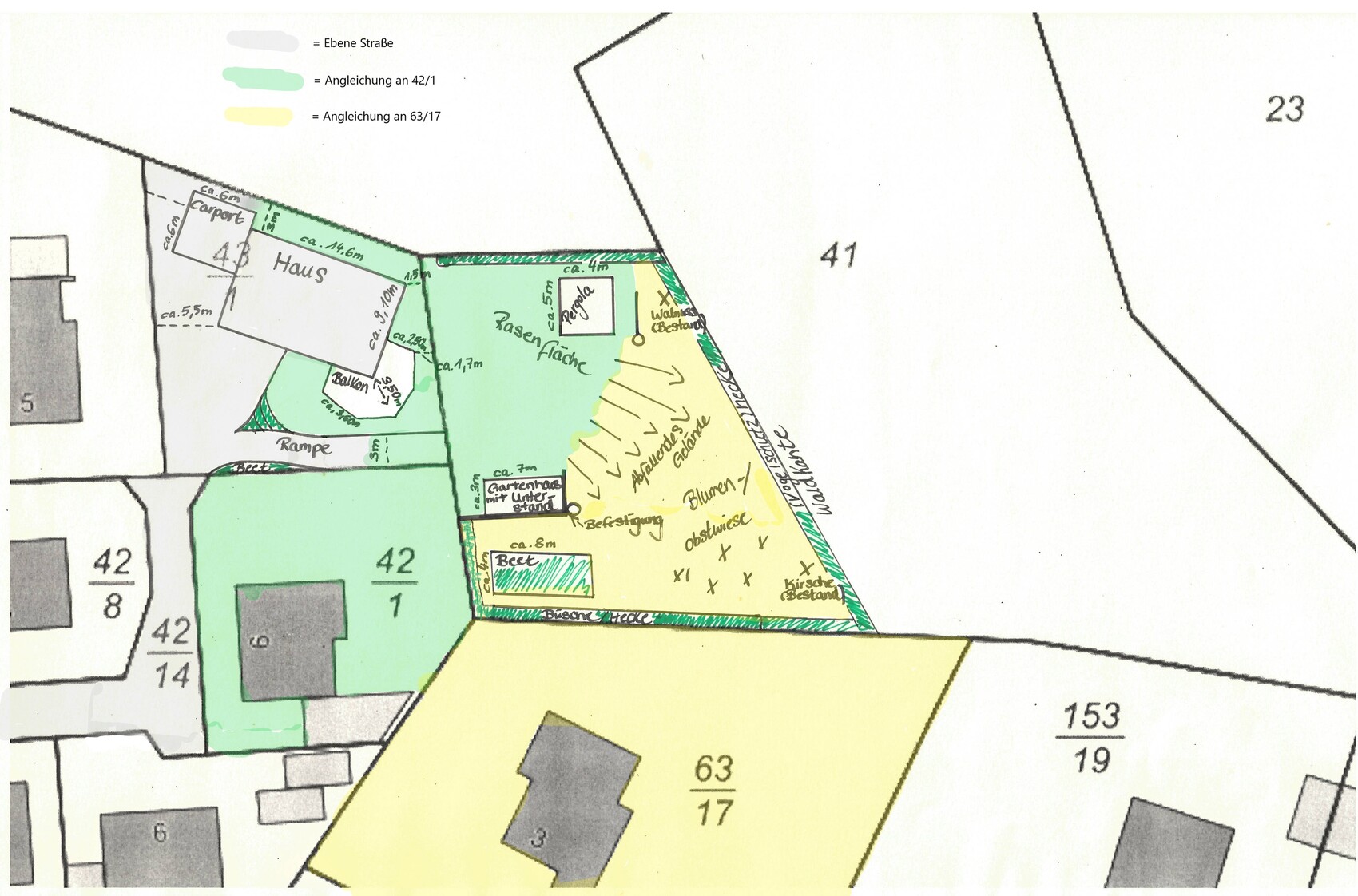 Site plan of a property showing house, garden, lawn, flowerbeds, and pathways