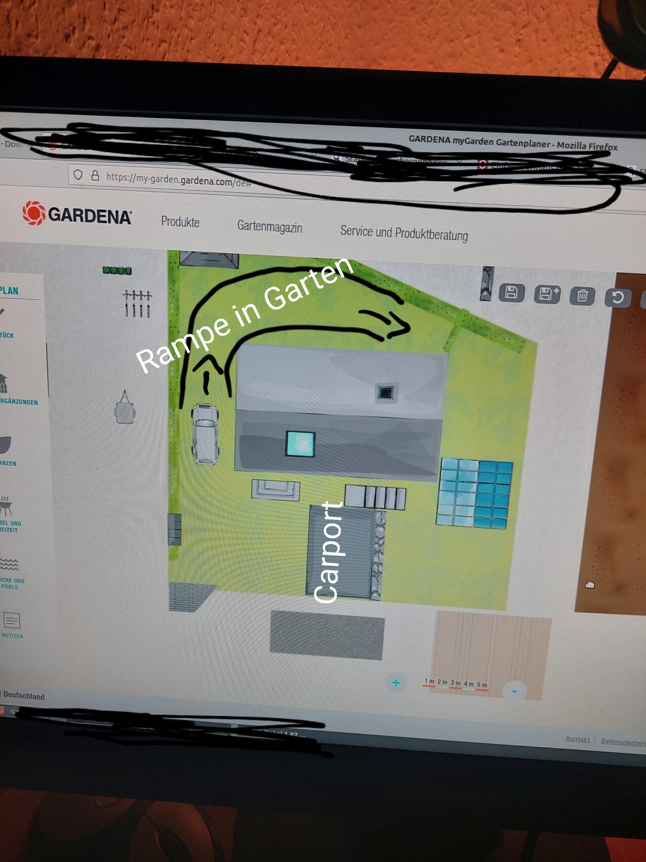 Screenshot of a garden planning app showing a ramp in the garden next to the carport