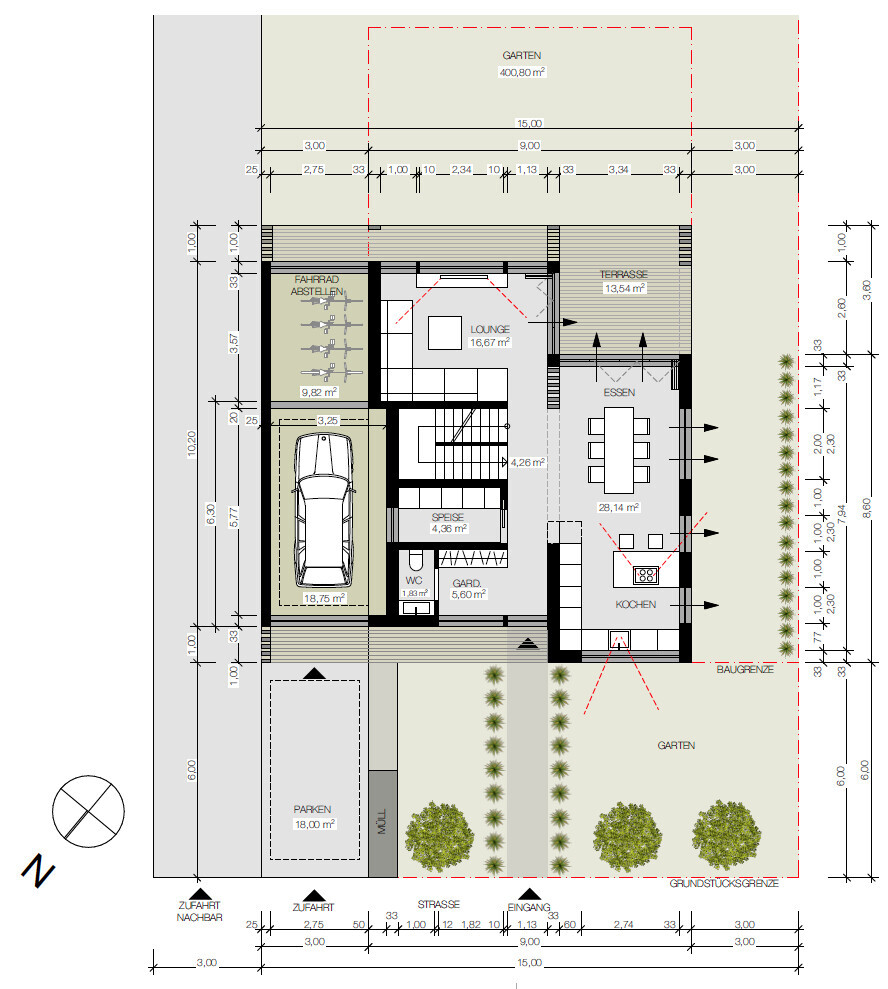 2D floor plan of a single-family house with garage, terrace, garden, and dining area