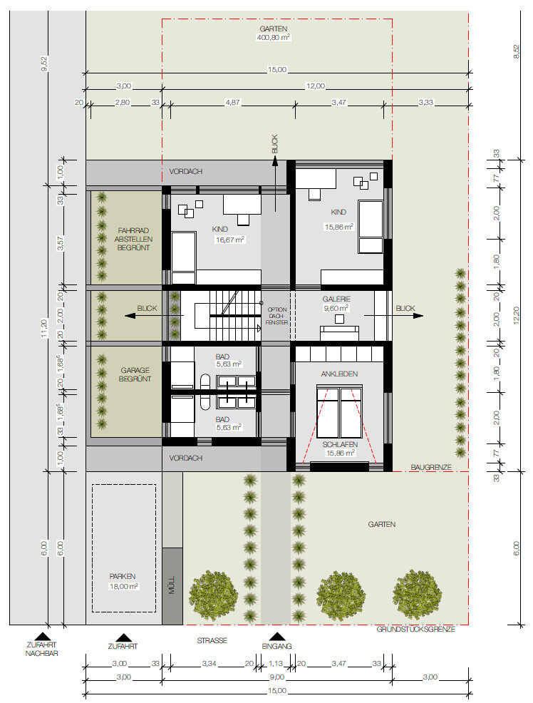 Floor plan of a residential house with garden, garage, entrance, and several rooms.