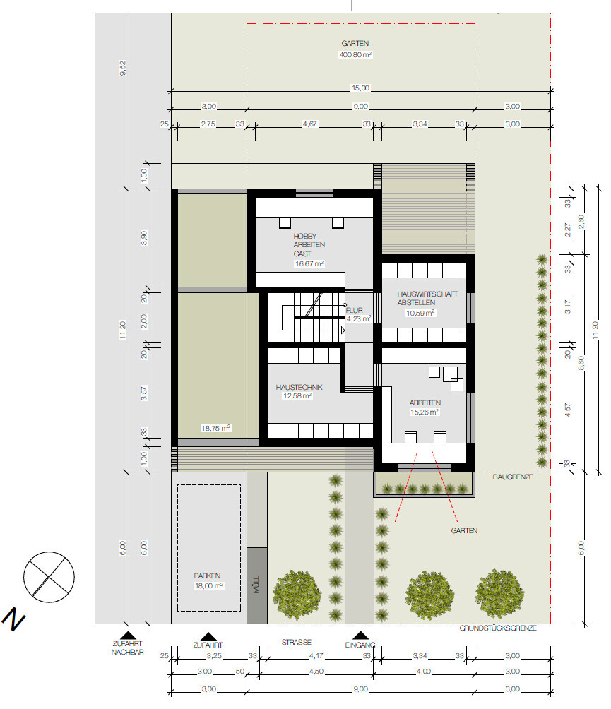 Floor plan of a house with garden, hallway, hobby room, utility room, building services, and parking space