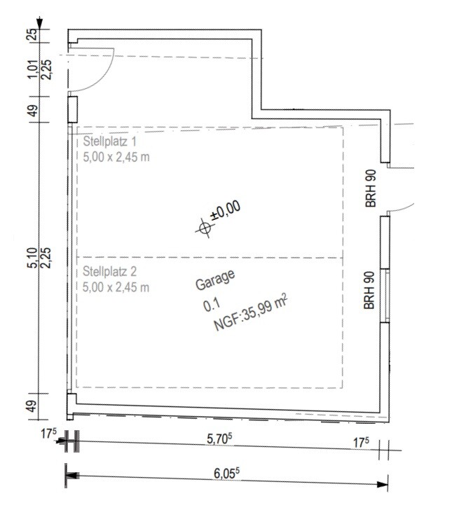 Floor plan of a garage with two parking spaces (each 5.00 x 2.45 m / 16.4 x 8.0 feet); total area approx. 35.99 m² (387 sq ft)