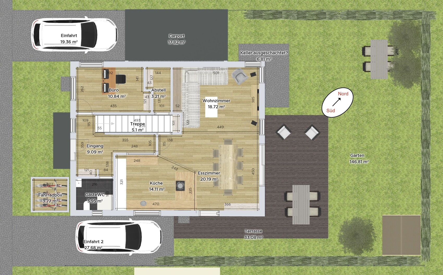 Floor plan of a house with entrance, office, kitchen, dining room, living room, terrace, garden, carport.