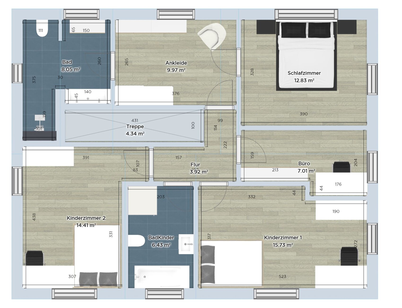 Floor plan of an apartment with bedroom, two children’s rooms, bathroom, office, hallway, walk-in closet.
