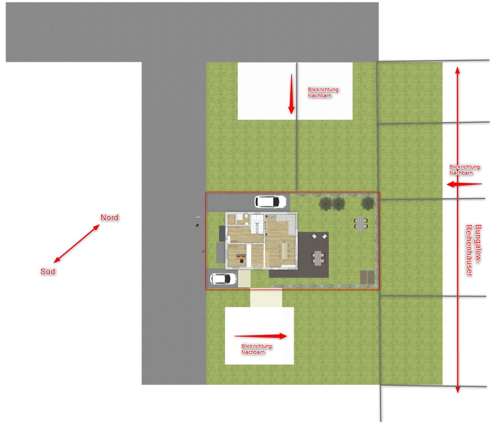Floor plan of a house with garden, driveway, and two cars; north-south orientation.