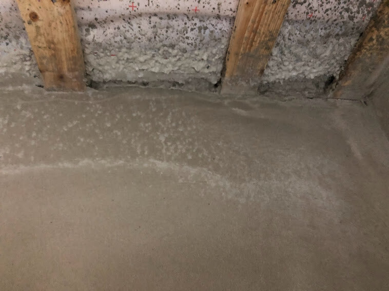 Basement floor made of concrete with wooden beams; white salt efflorescence on the wall.