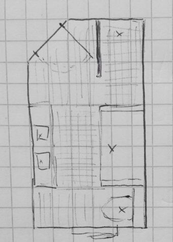 Hand drawing of a floor plan with room arrangement, doors, and windows.