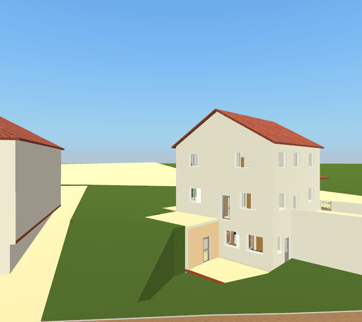 Multi-story beige house with red roof, many windows, surrounding garden and walkway