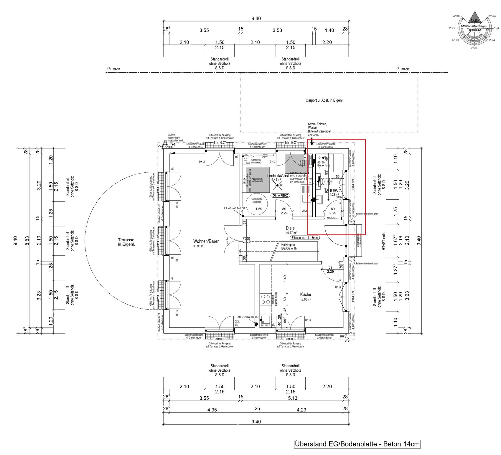 Floor plan of a residential house: living room, kitchen, and hallway; red area marking bathroom and utility room.
