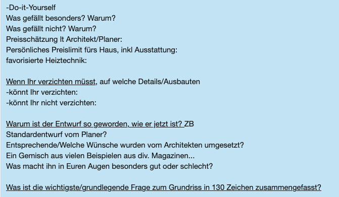 Blue background with DIY questionnaire text about architectural planning