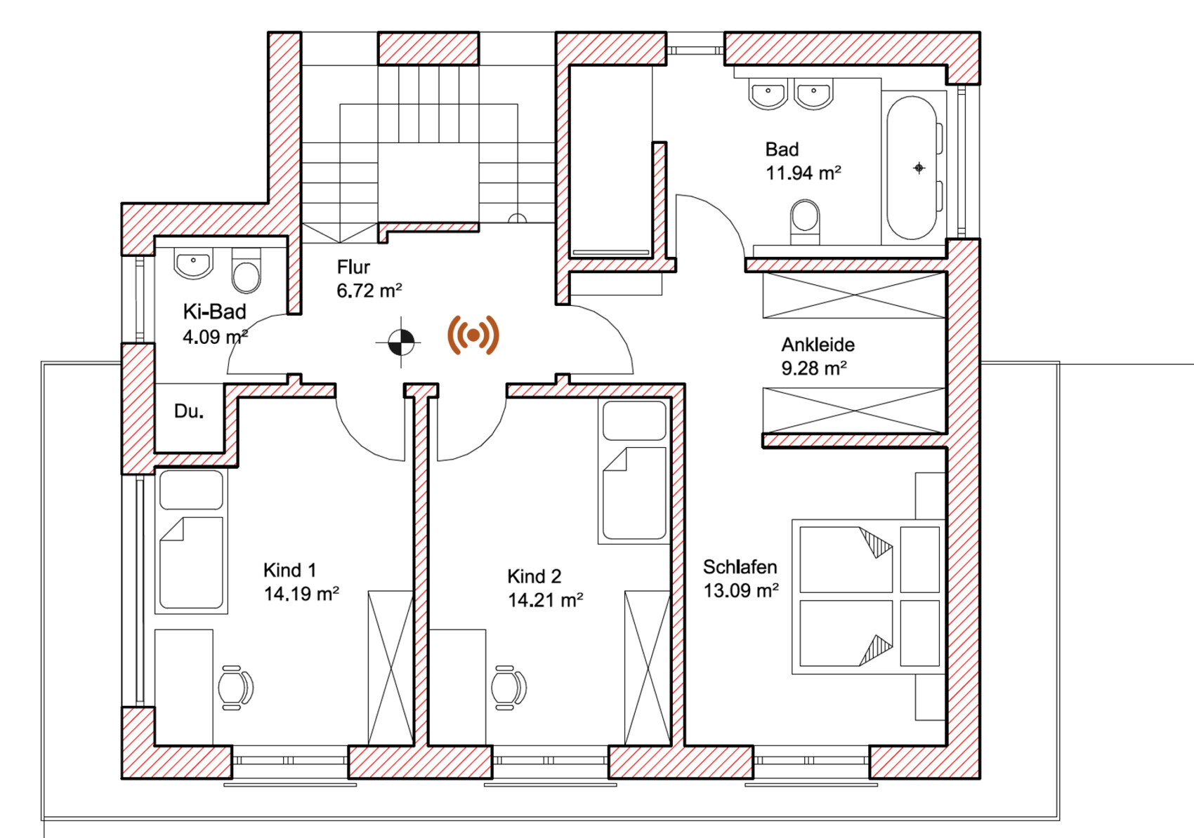 Floor plan of a residential house with hallway, children’s bathroom, bathroom, dressing room, bedroom, two children’s rooms.
