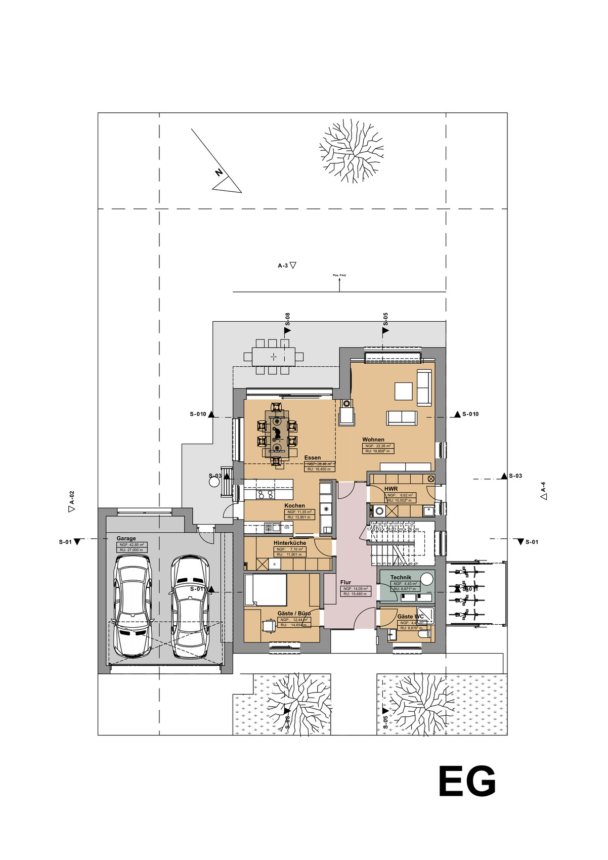 Ground floor plan of a single-family house with garage, kitchen, dining, living, guest room, and garden.