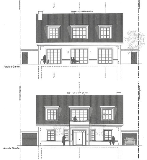 Architectural drawing of a two-story house with a pitched roof; front and garden view.