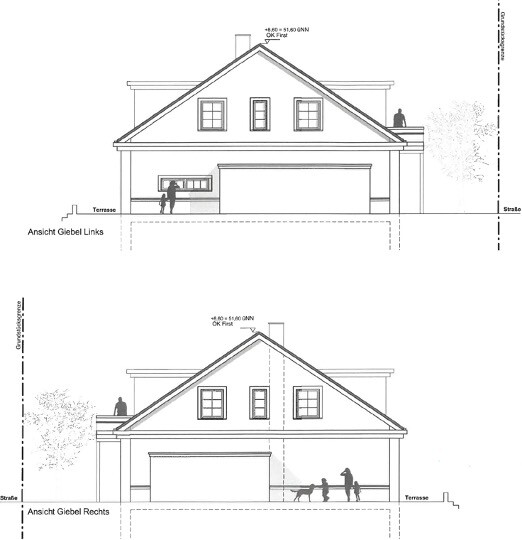 Two views of a house: gable left and right, garage, terrace.