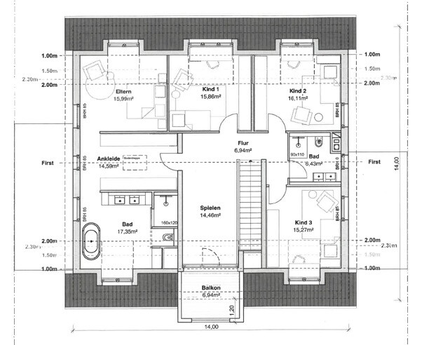 Attic floor plan: master bedroom, 3 children's rooms, dressing room, bathroom, hallway, playroom, balcony, stairs