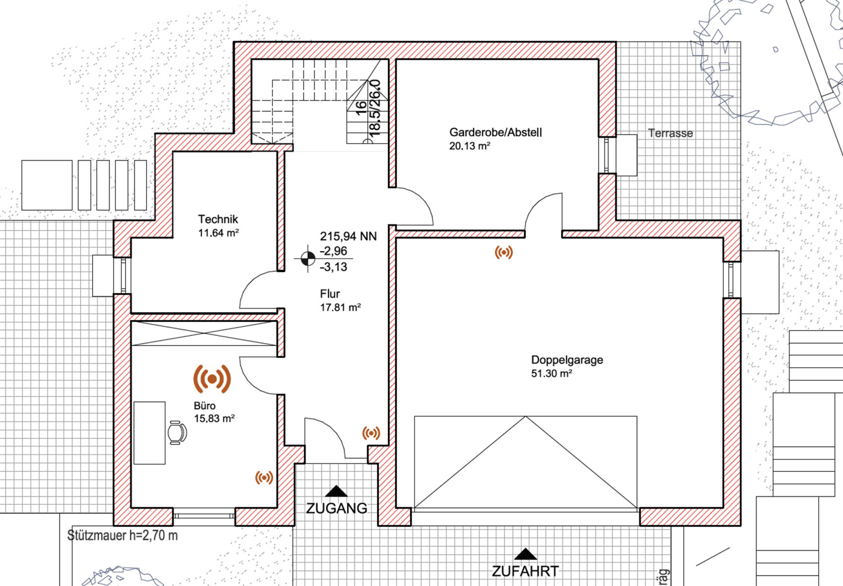 Floor plan of a house with technology, office, cloakroom/storage, hallway, double garage, and terrace.