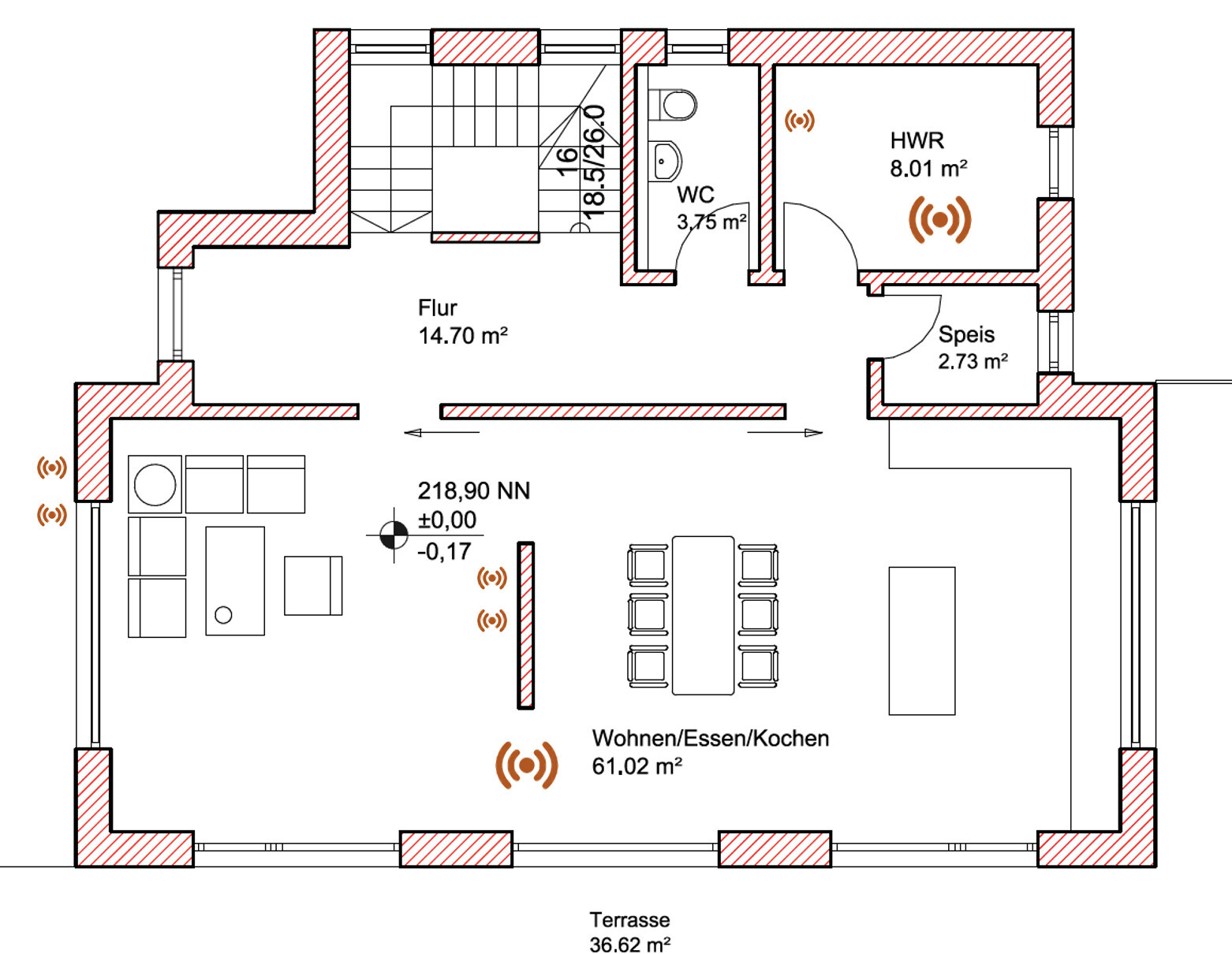 Floor plan of an apartment with hallway, WC, utility room, pantry, living/dining/kitchen area, and terrace.