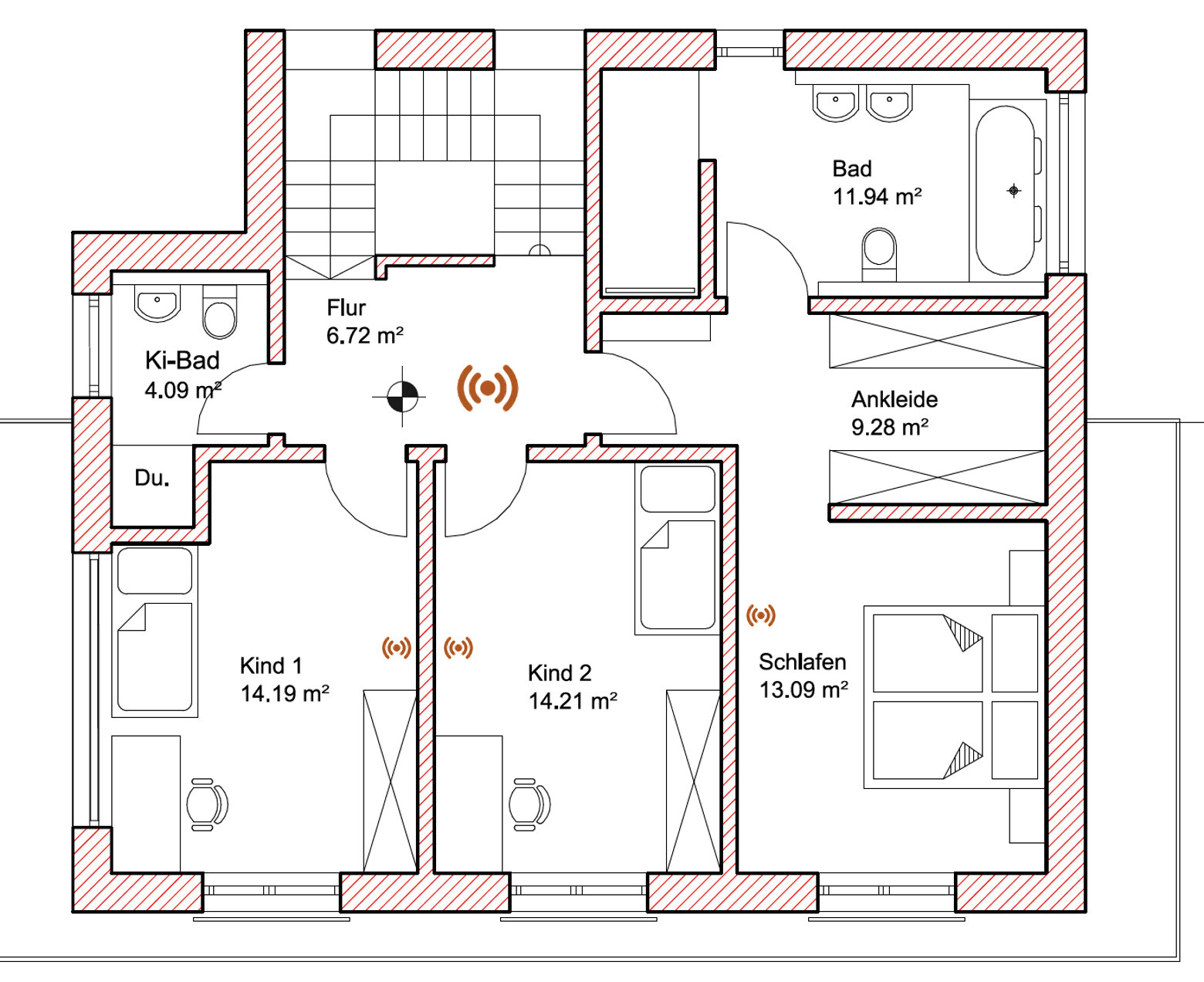 Floor plan of a residential house: hallway, children’s bathroom, bathroom, master bedroom, children’s rooms 1 and 2; red walls.