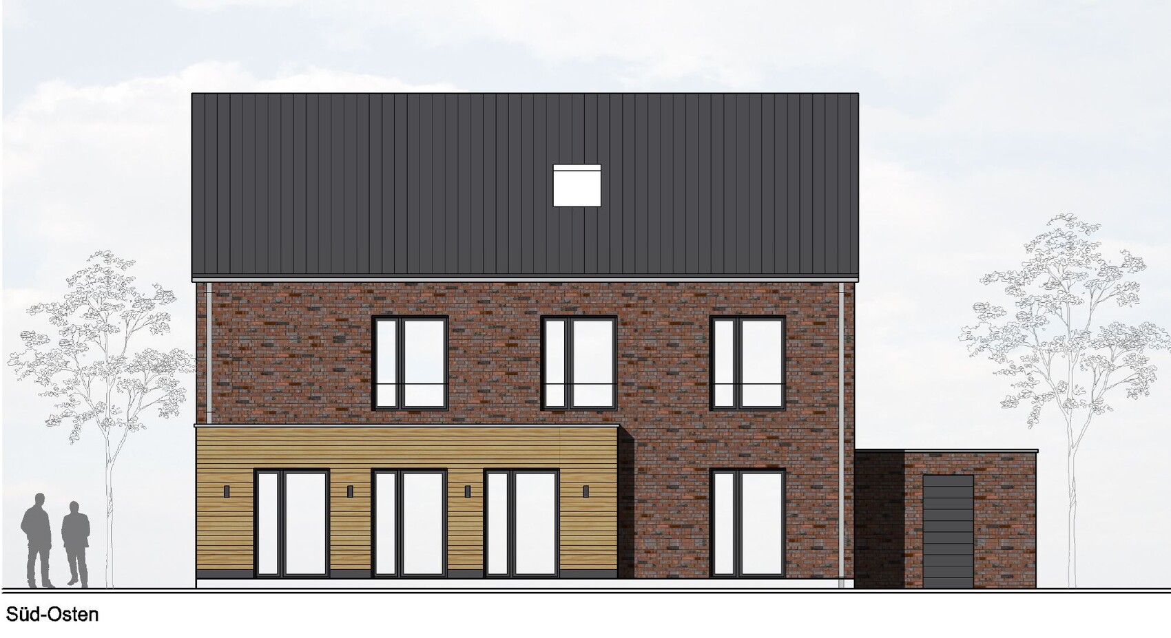 View of a two-story brick house with wooden ground floor extension, large windows and garage.