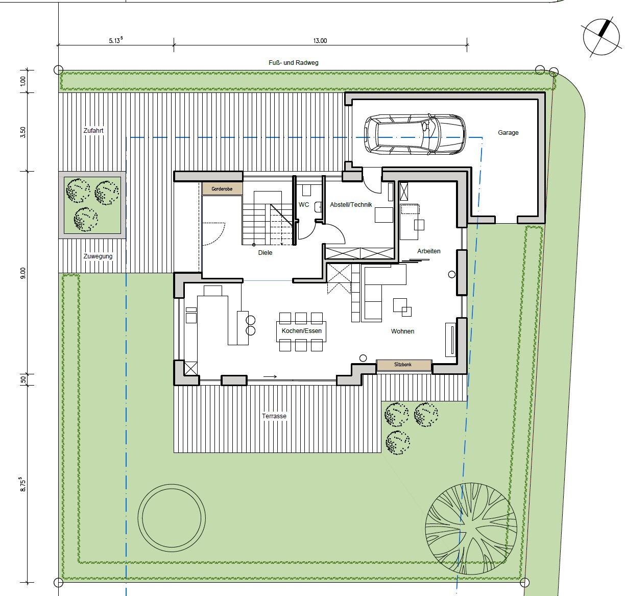 Floor plan of a residential house: garage, terrace, garden, open kitchen/living area.