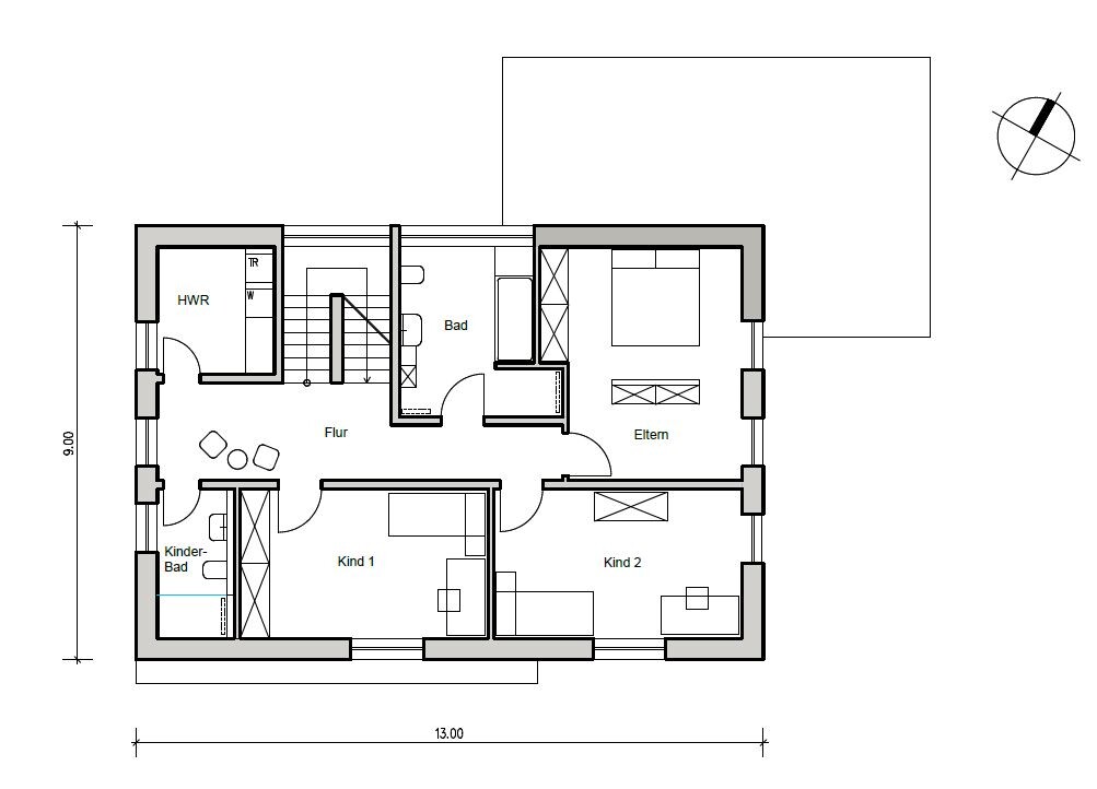 Floor plan of a residential house: hallway, master bedroom, two children’s rooms, bathroom, children’s bath, laundry room.
