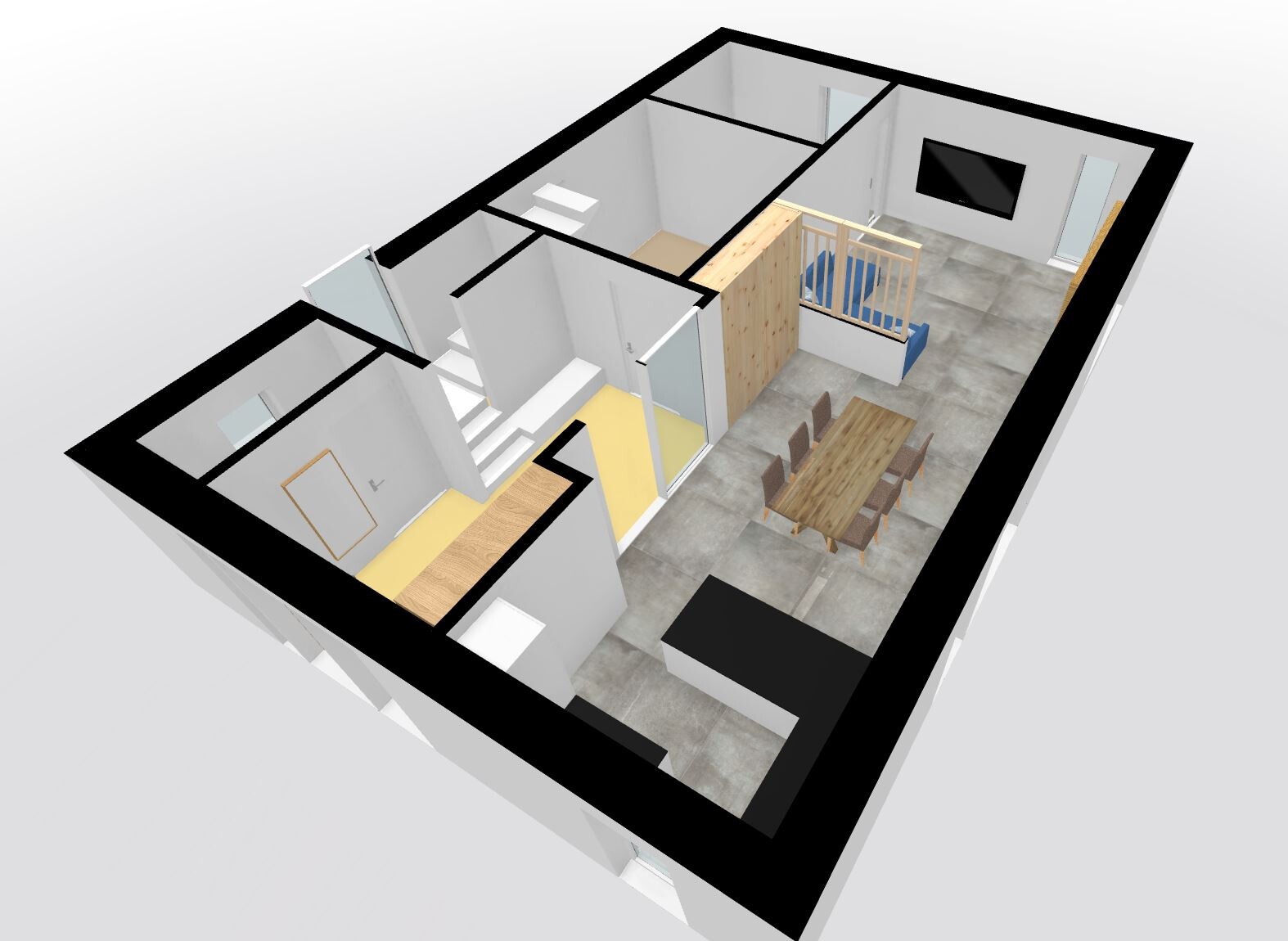 3D floor plan of open living and dining area with kitchen, dining table, TV and staircase.