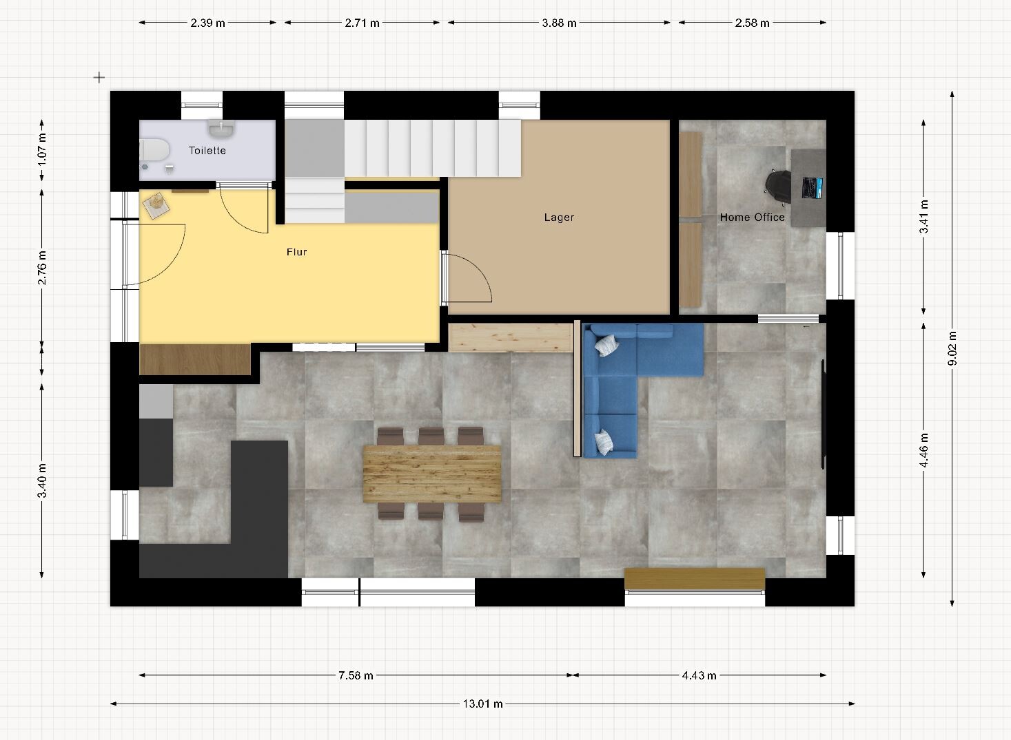 Floor plan: hallway leads to storage, toilet and home office; open living/dining area with table and sofa.