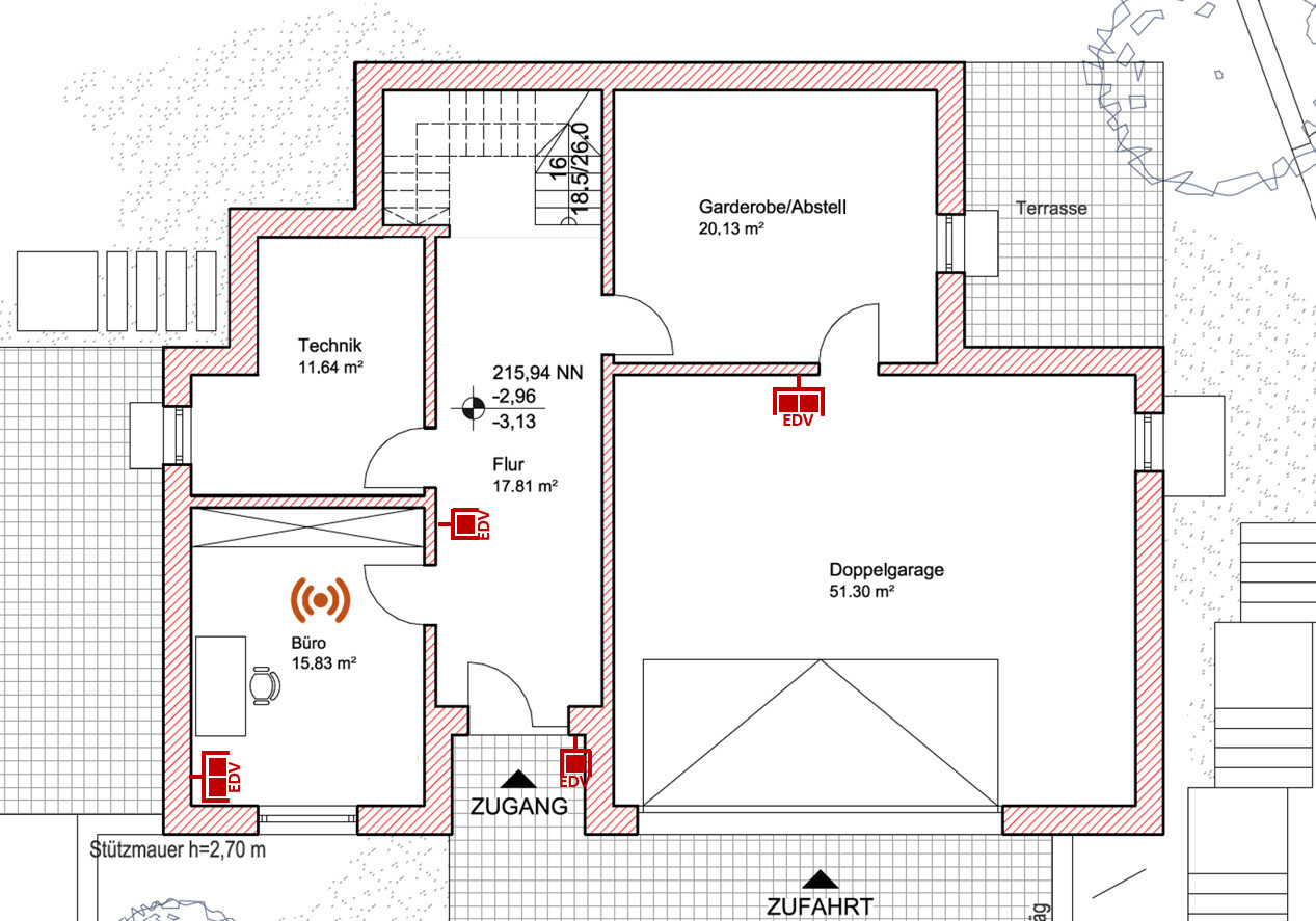 Floor plan of a house: double garage, office, utility room, hallway, wardrobe/storage, terrace.