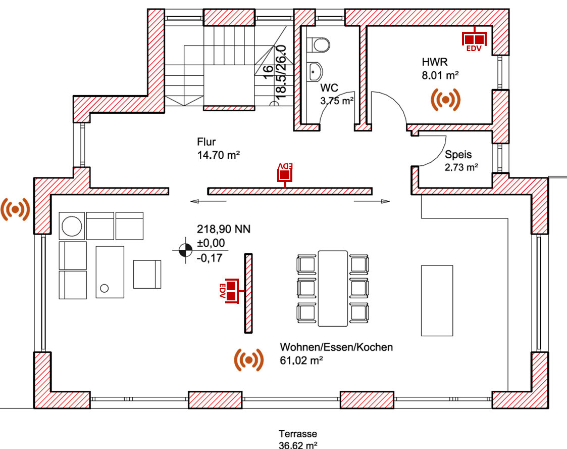 Floor plan of an apartment: hallway, living/dining/kitchen, terrace, pantry, utility room, WC.