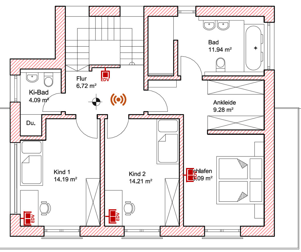 Floor plan of a residential house with hallway, bathroom, dressing room, bedroom, Child 1 and Child 2 rooms.