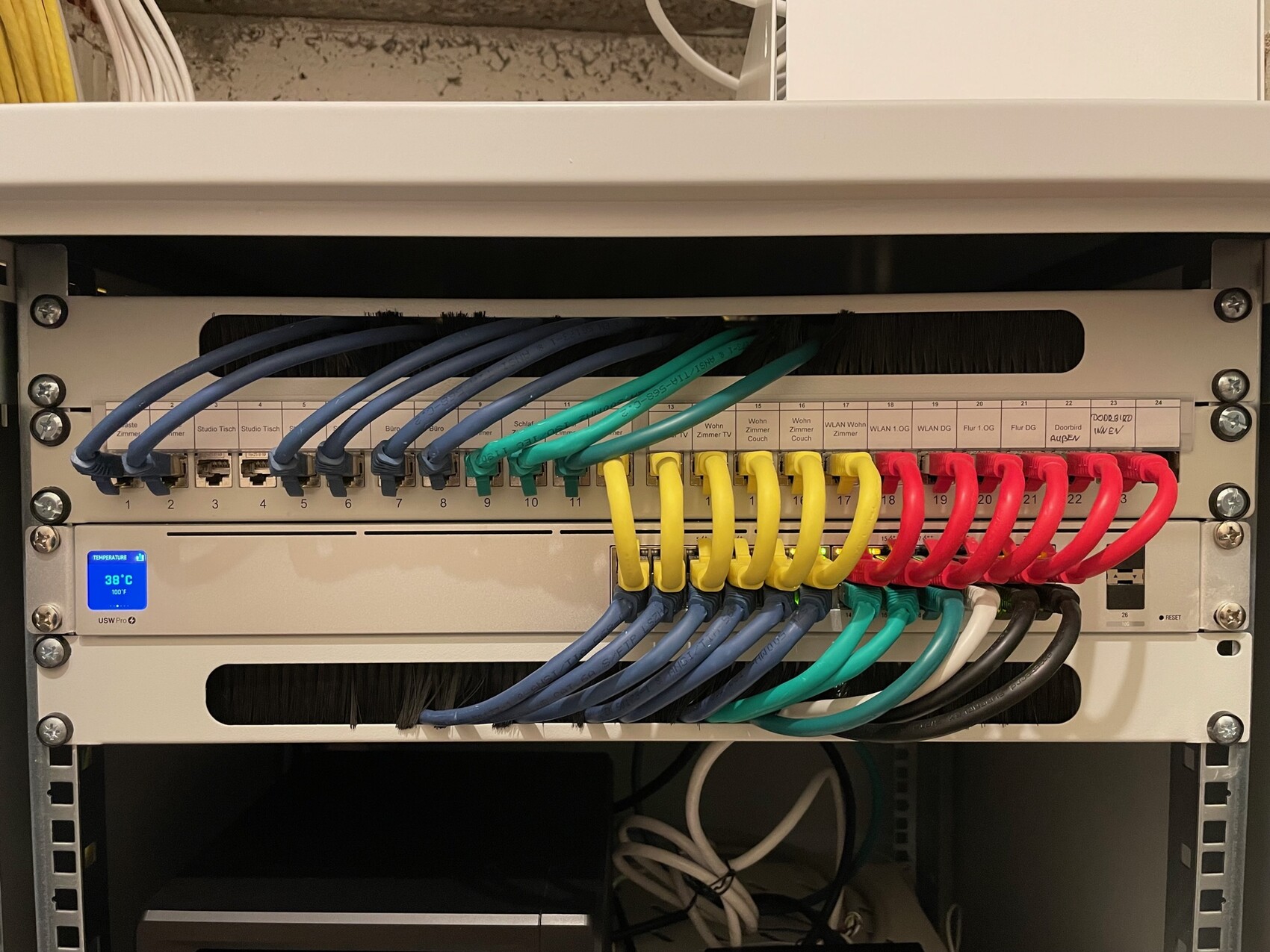 Patch panel in server rack with many colored network cables (blue, green, yellow, red) connected.