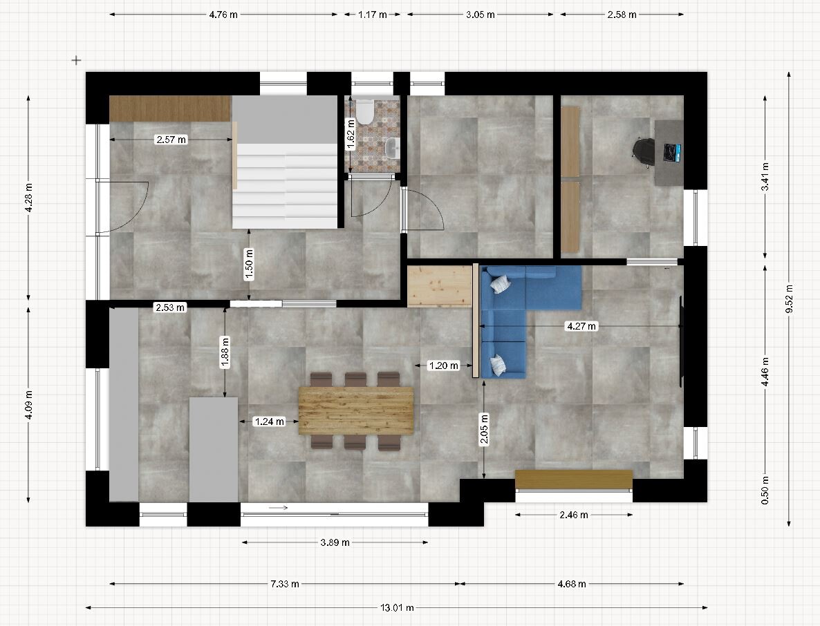 Grundriss: offener Küchen-/Essbereich links, Wohnzimmer rechts, Schlafzimmer oben links, Bad Mitte.