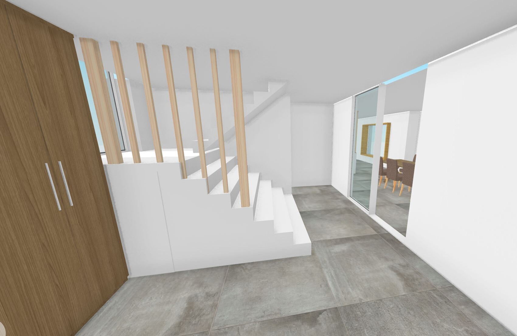 Modern interior view: white staircase with vertical wooden slats, grey tiles, glass door to the dining room.