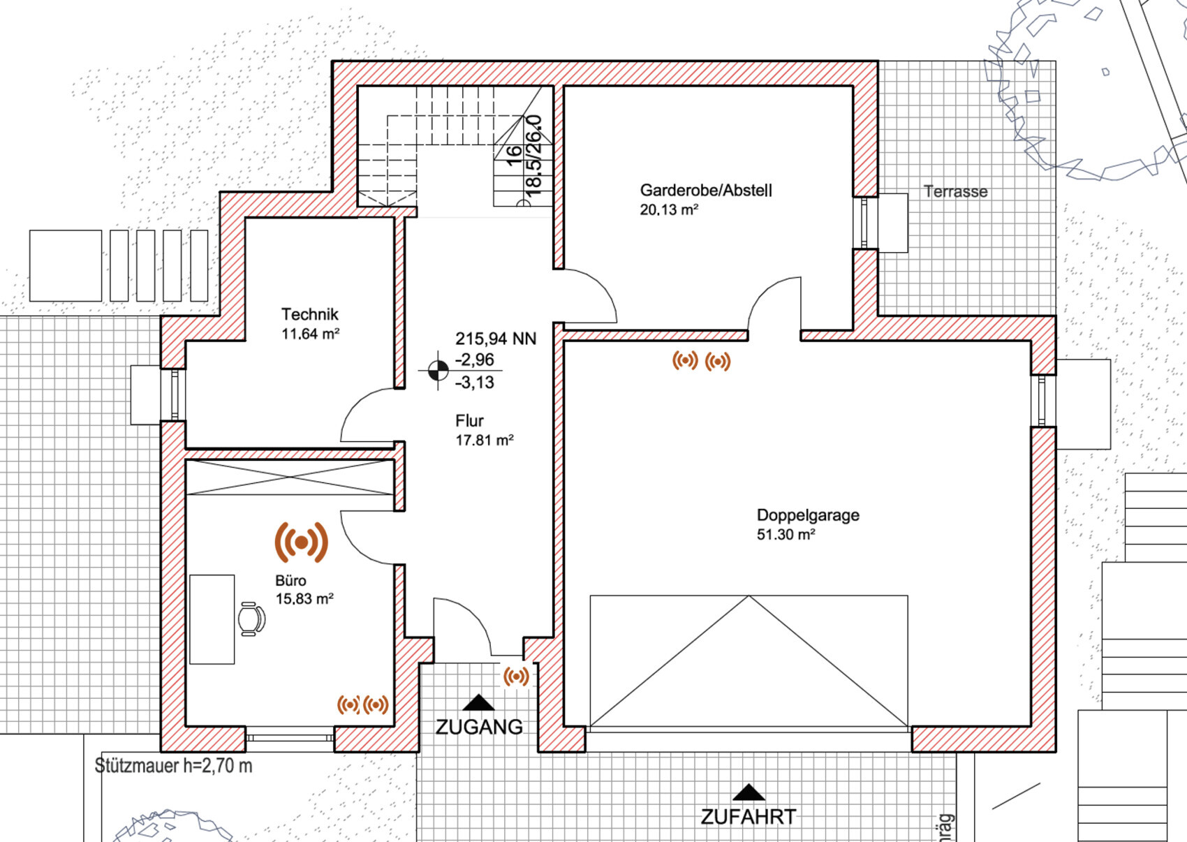 Floor plan of a house with technical room, office, hallway, cloakroom/storage, double garage, terrace.