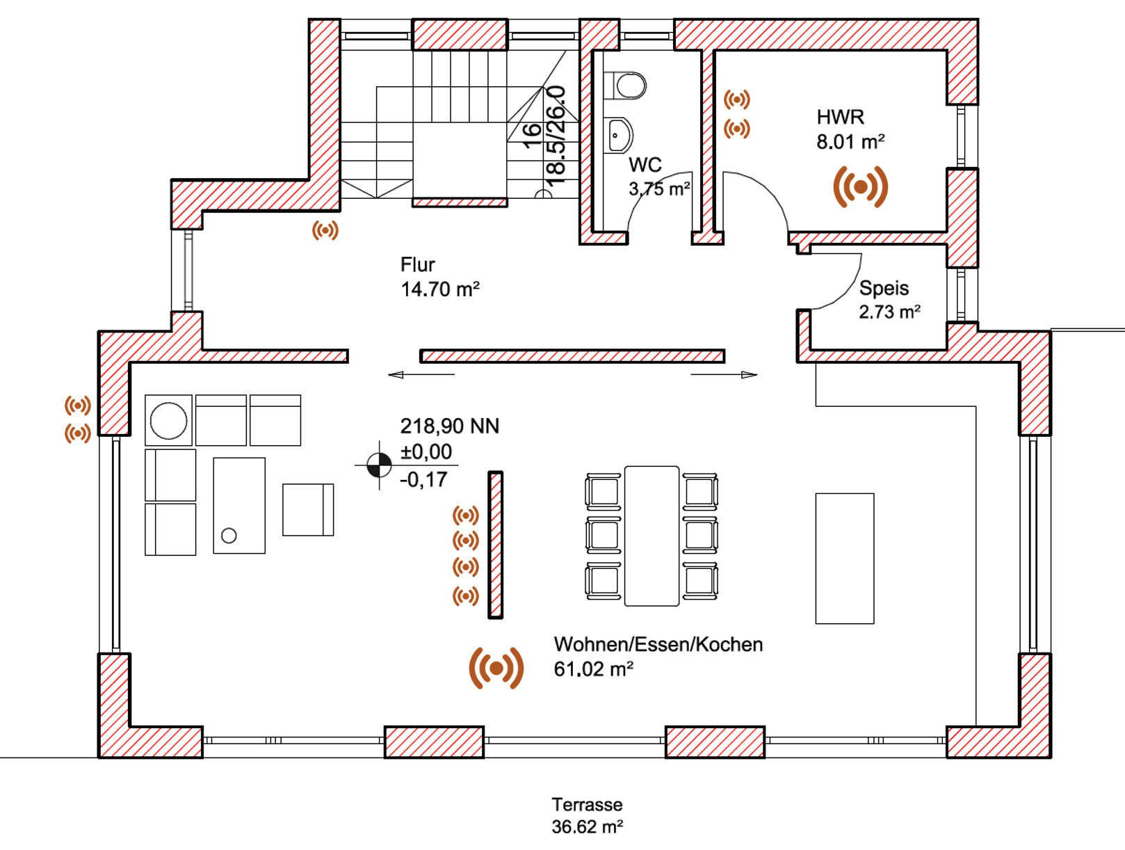 Floor plan of a house: hallway, WC, utility room, pantry, living/dining/kitchen, and terrace with Wi-Fi symbols.
