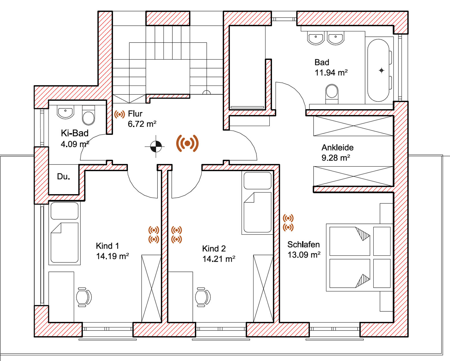 Floor plan of the first floor: hallway, bathroom, dressing room, children’s bathroom, shower, two children’s rooms, bedroom.
