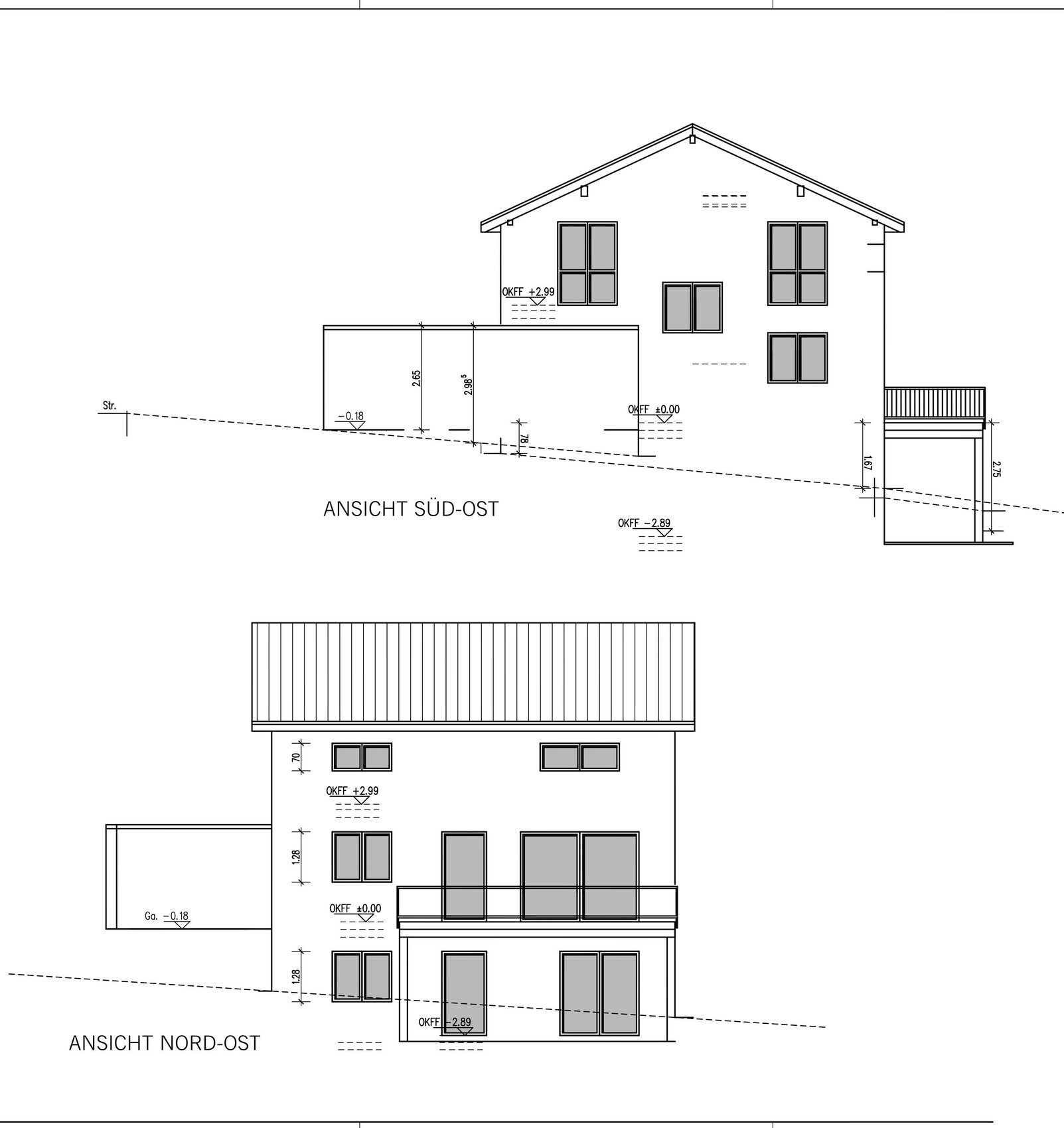 Architekturzeichnung: Zwei Ansichten eines Hauses (Südost- und Nordost) mit Fenstern und Dach.