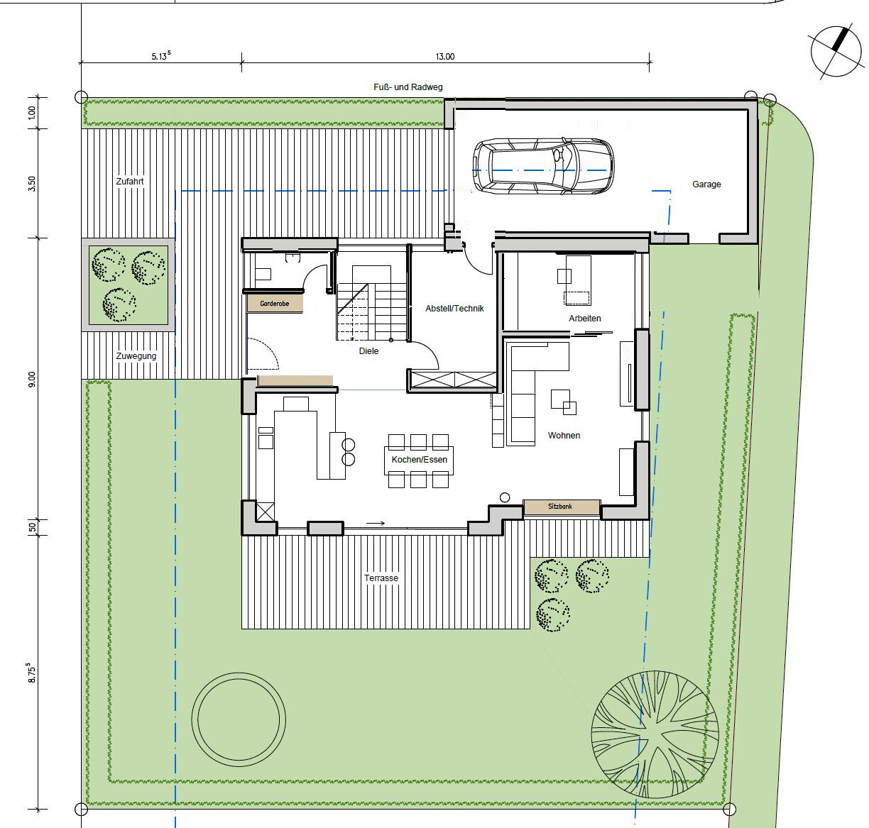 Grundriss: Einfamilienhaus mit Garage, Terrasse, Garten und Wohnen, Kochen/Essen sowie Diele.