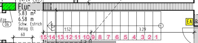 Architectural plan: hallway with yellow EA sign on the right; magenta numbers 15–1 at the bottom.