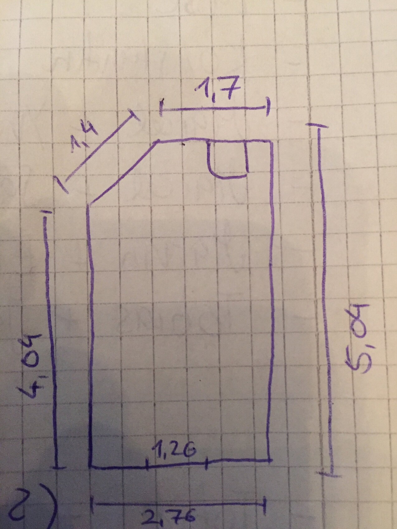 Hand drawing of a rectangular floor plan with dimensions and corner.