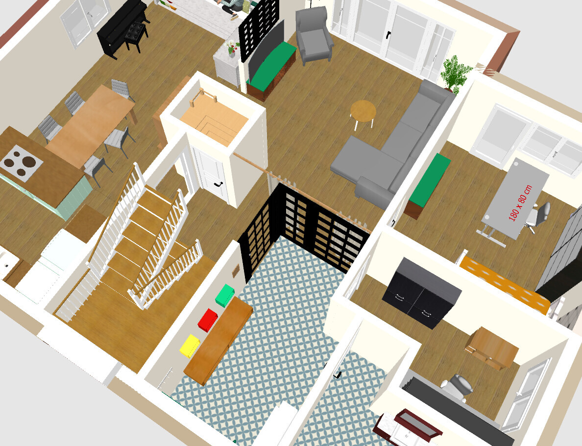 Detailed 3D floor plan of a house with kitchen, living room and stairs