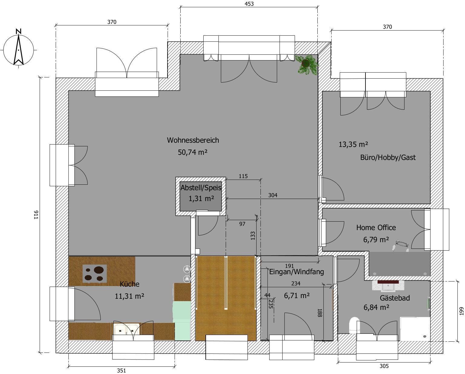 Floor plan of a house: living area, kitchen, storage room, entrance area, office, guest bathroom.