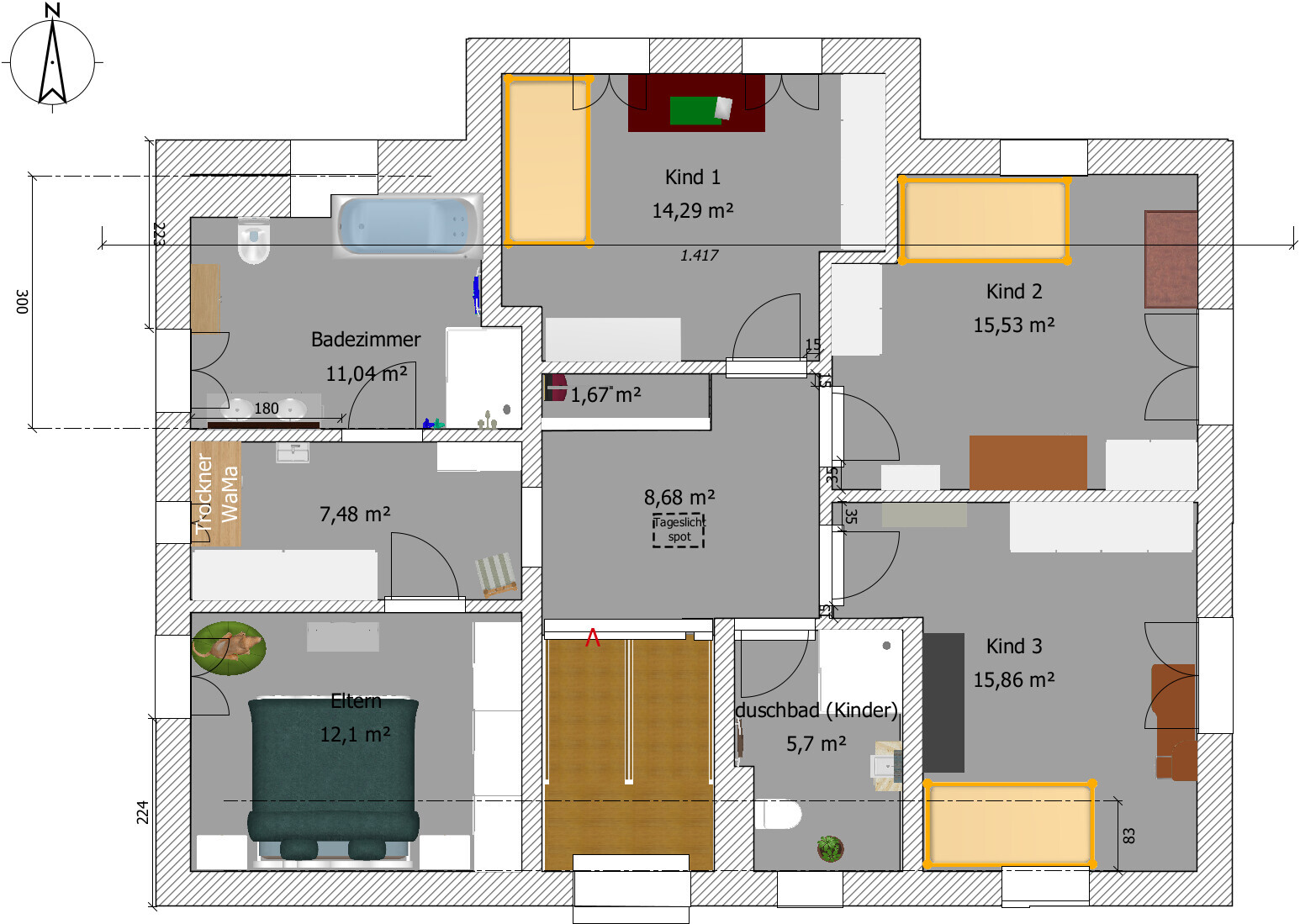Floor plan of a house with several rooms: master and children’s bedrooms, bathroom, corridor and furniture.