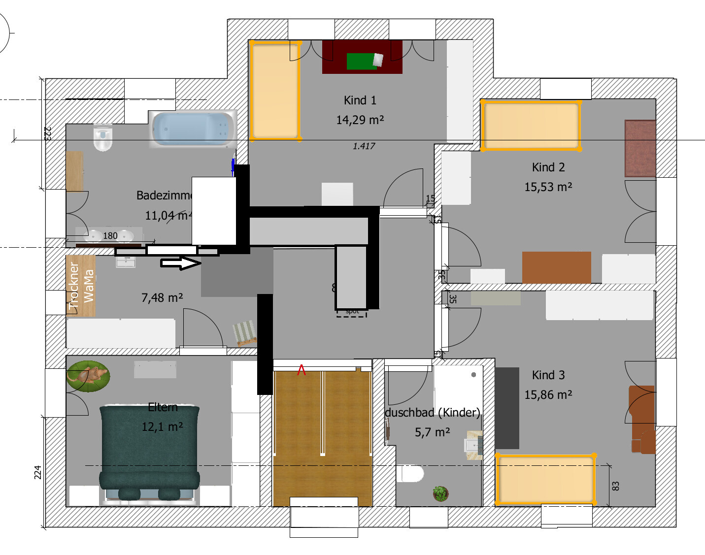 Floor plan of a residential house: master bedroom, three children’s rooms, bathroom, shower room, hallway, laundry room.