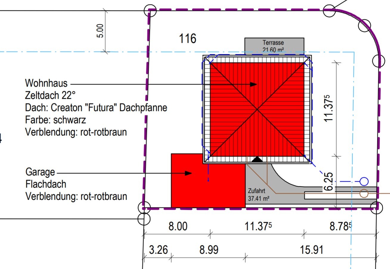 Architekturplan: Wohnhaus mit rotem Zeltdach (Creaton Futura), Garage und Terrasse.