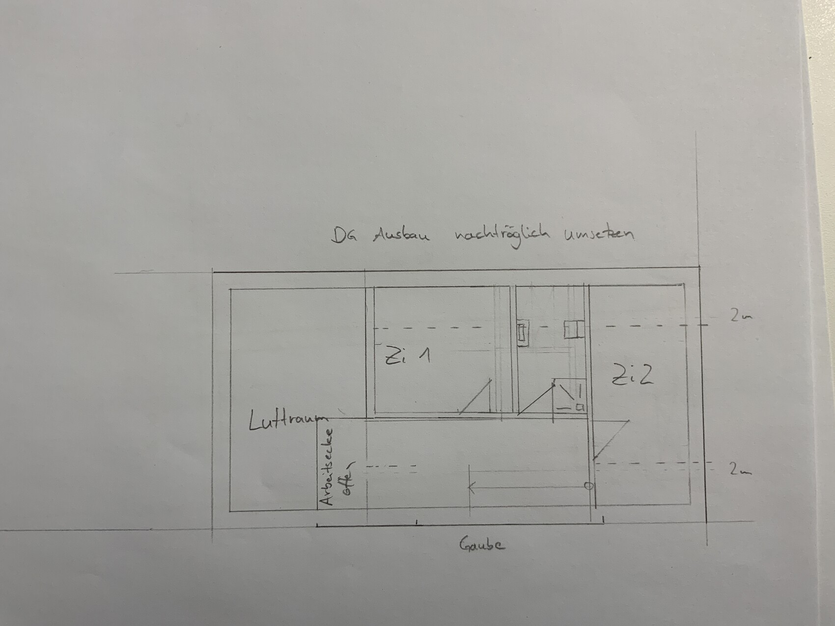 Hand sketch of an attic floor plan with two rooms, stairs and corridors